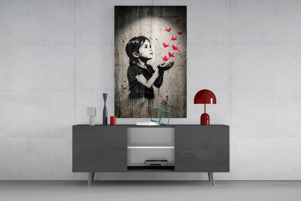 Stencil Girl Red Paper Cranes Glass Wall Art