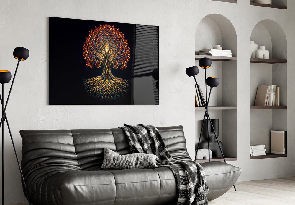 Golden Tree of Life Glowing Roots Glass Wall Art
