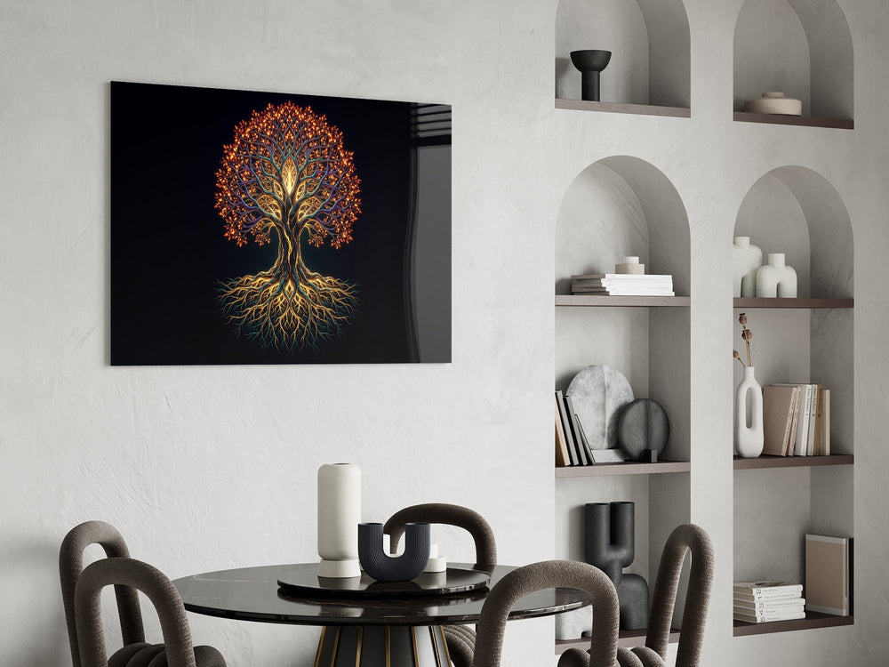 Golden Tree of Life Glowing Roots Glass Wall Art