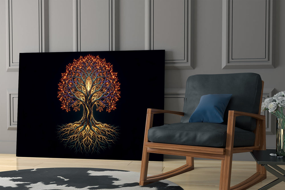 Golden Tree of Life Glowing Roots Glass Wall Art