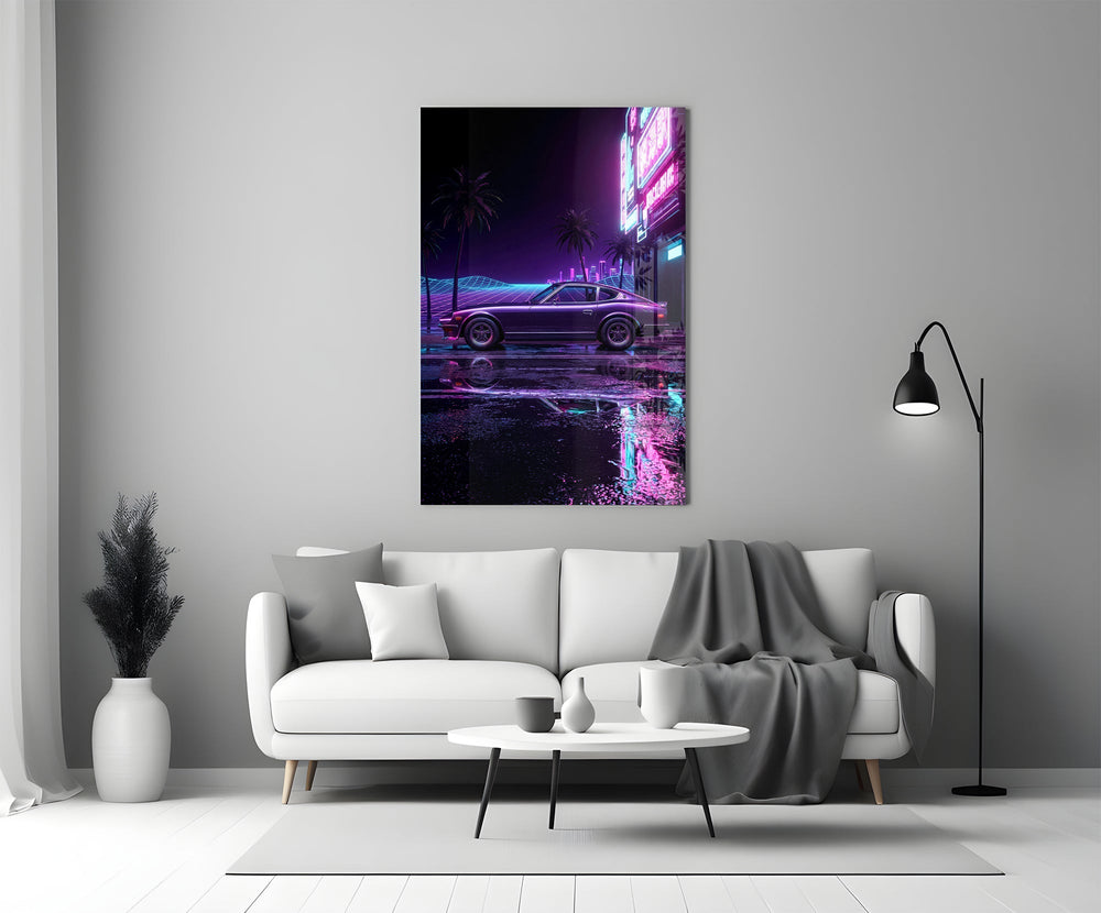 Purple Fastback Coupe Synthwave Glass Wall Art