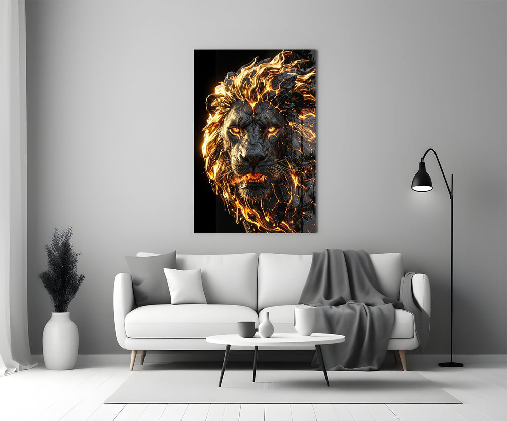 Molten Lava Mane Roaring Lion Glass Wall Art
