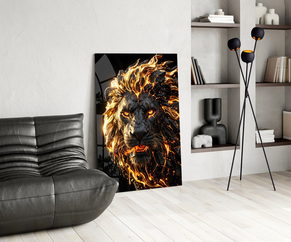 Molten Lava Mane Roaring Lion Glass Wall Art