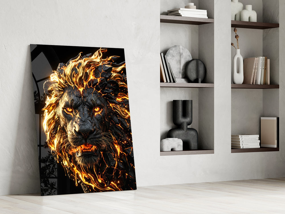 Molten Lava Mane Roaring Lion Glass Wall Art