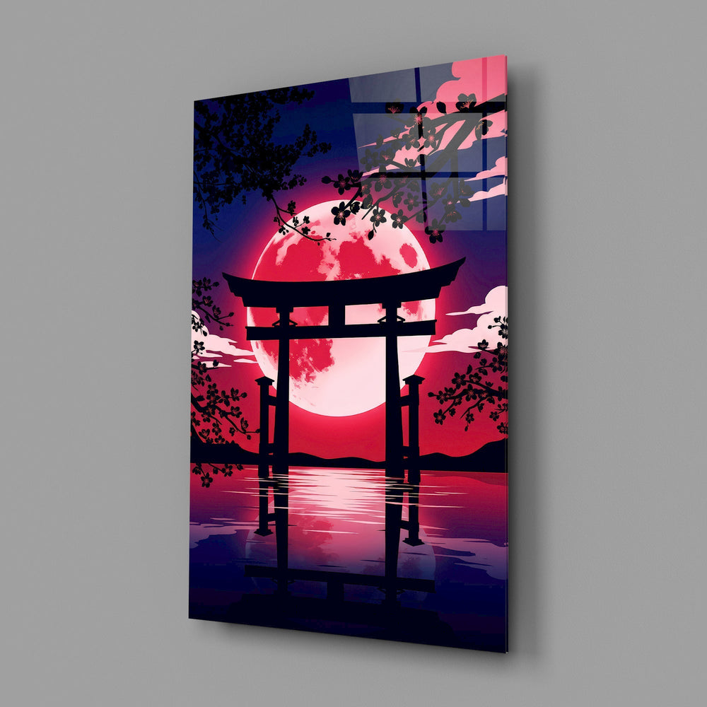 Crimson Moon Torii Gate Blossom Glass Wall Art