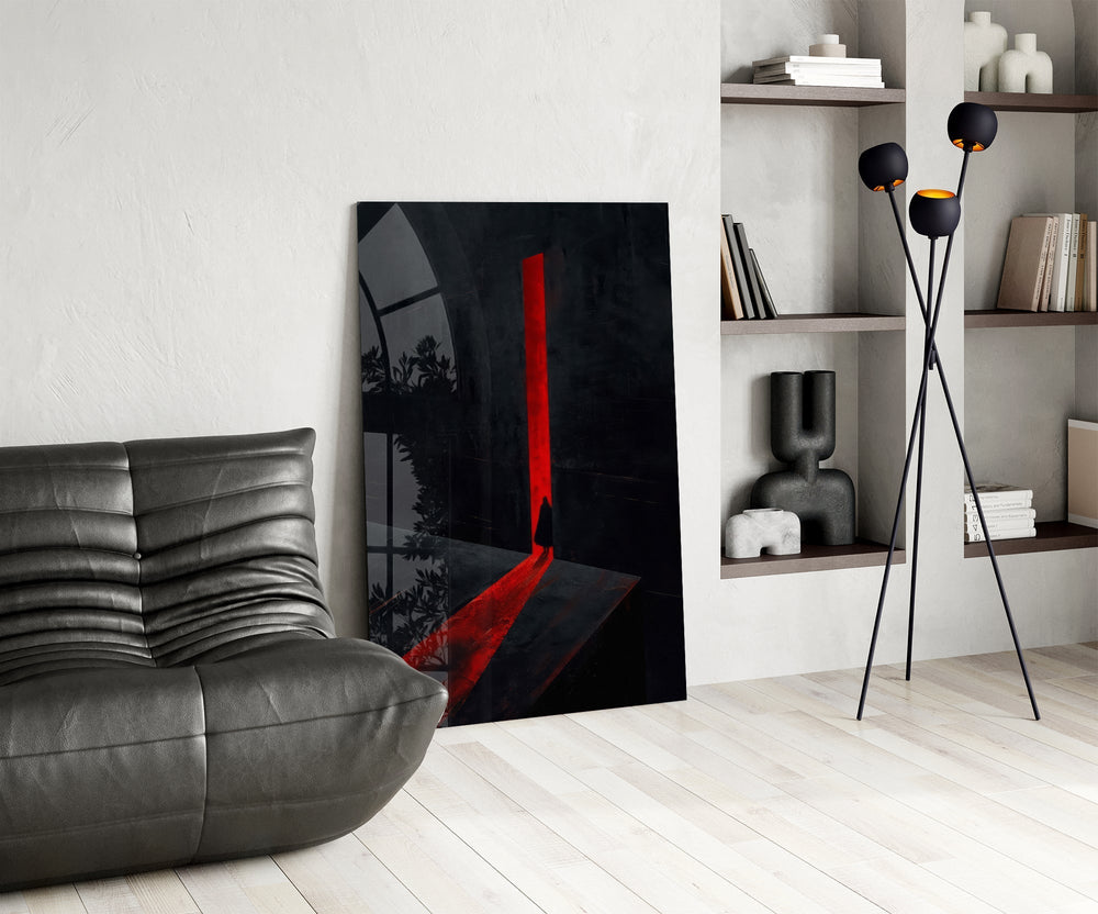 Red Doorway Cloaked Figure Glass Wall Art