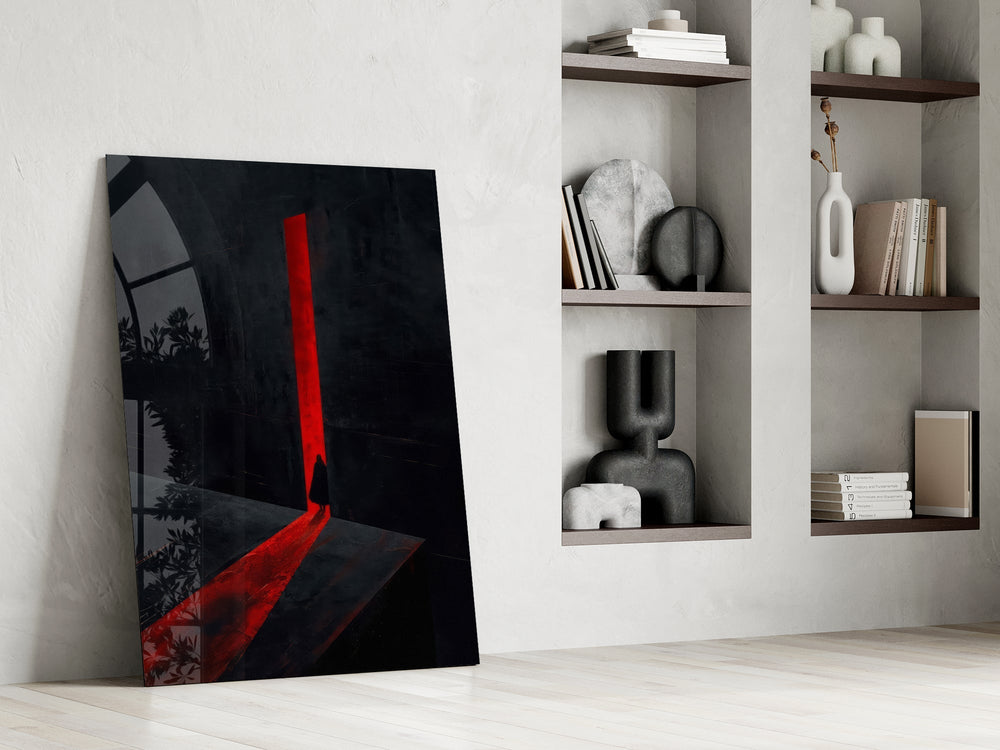 Red Doorway Cloaked Figure Glass Wall Art