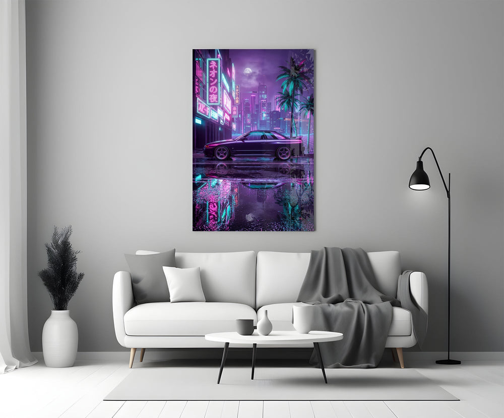 Neon Street Purple Sports Coupe Glass Wall Art