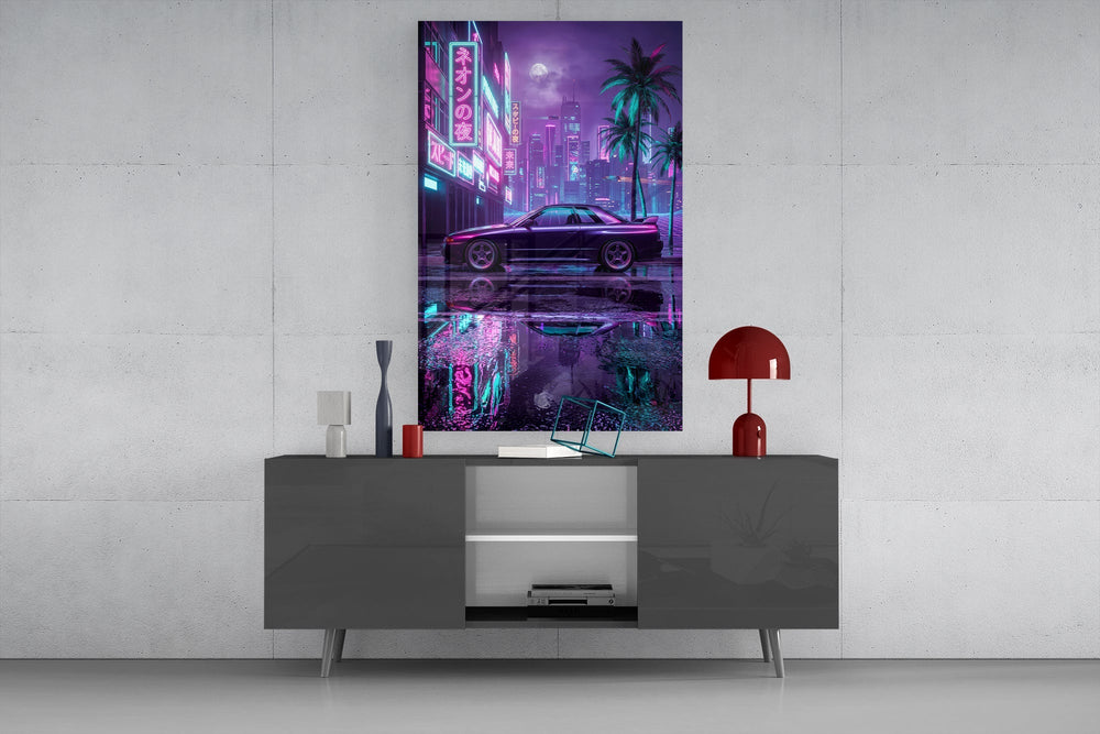 Neon Street Purple Sports Coupe Glass Wall Art
