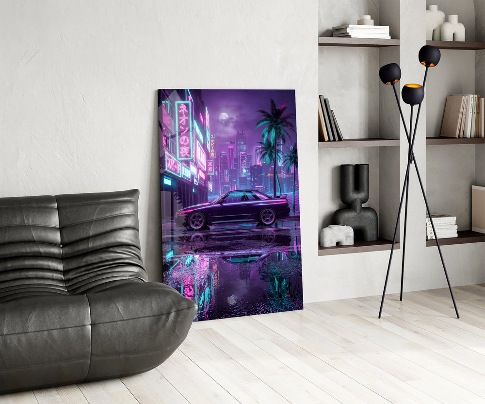 Neon Street Purple Sports Coupe Glass Wall Art