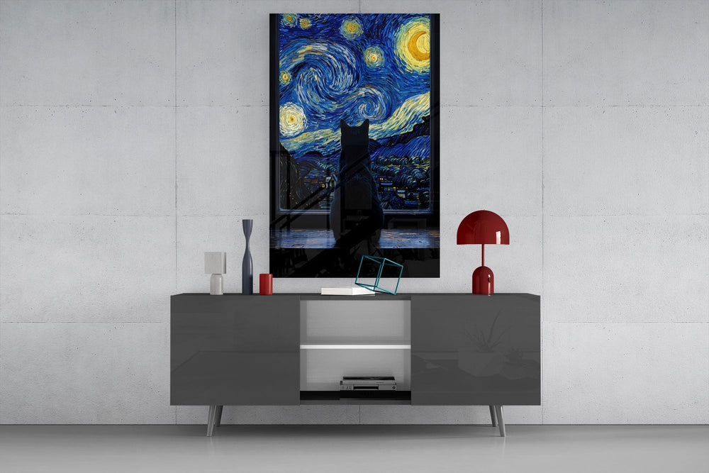 Black Cat at the Starry Night Window Glass Wall Art