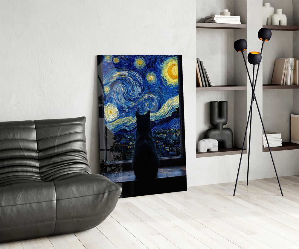 Black Cat at the Starry Night Window Glass Wall Art