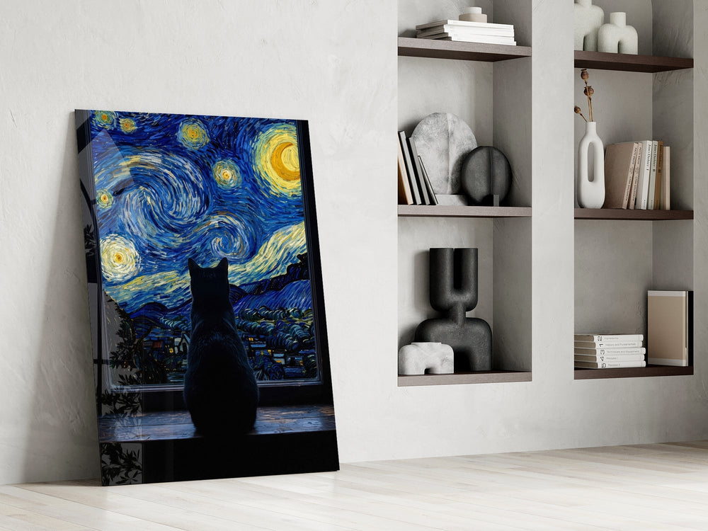Black Cat at the Starry Night Window Glass Wall Art