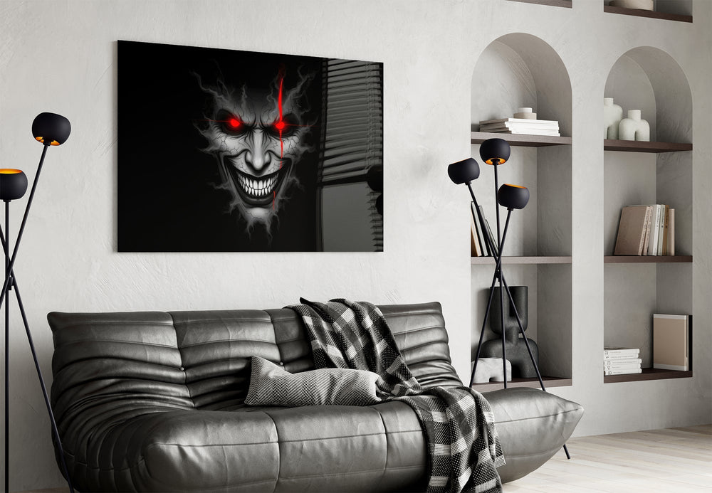Cracked Gray Grinning Demon Face Glass Wall Art