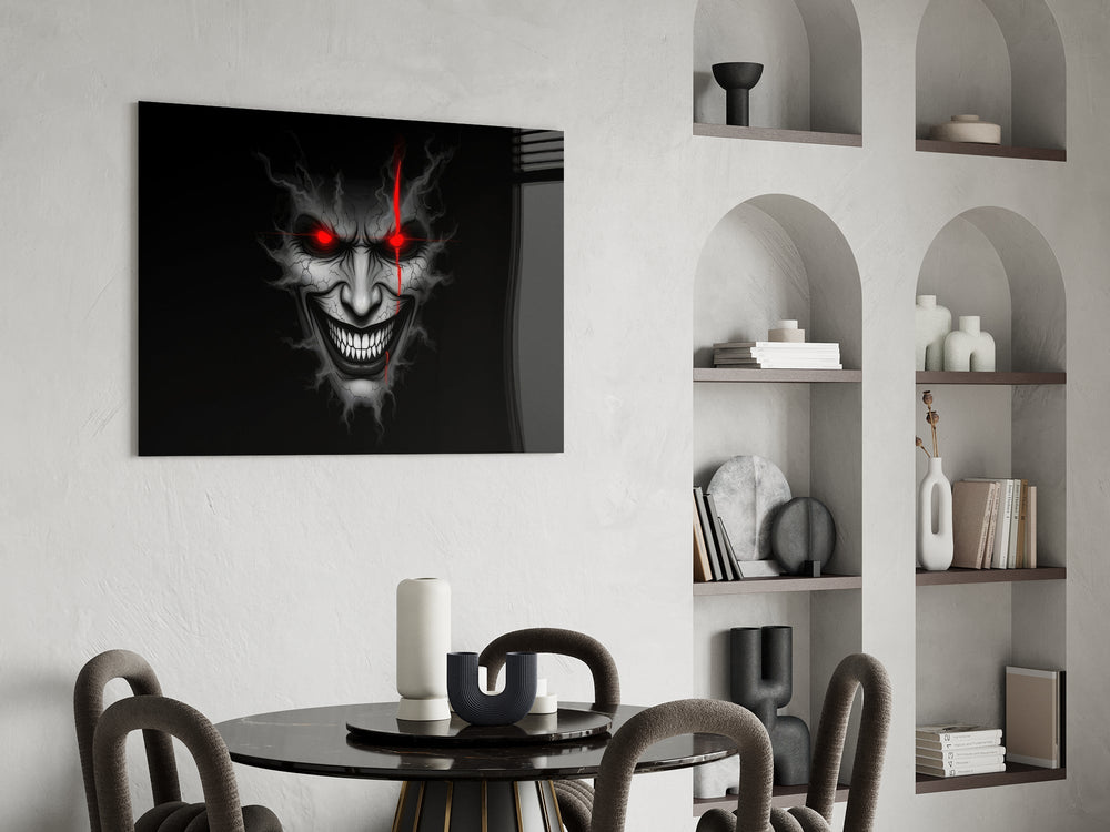 Cracked Gray Grinning Demon Face Glass Wall Art