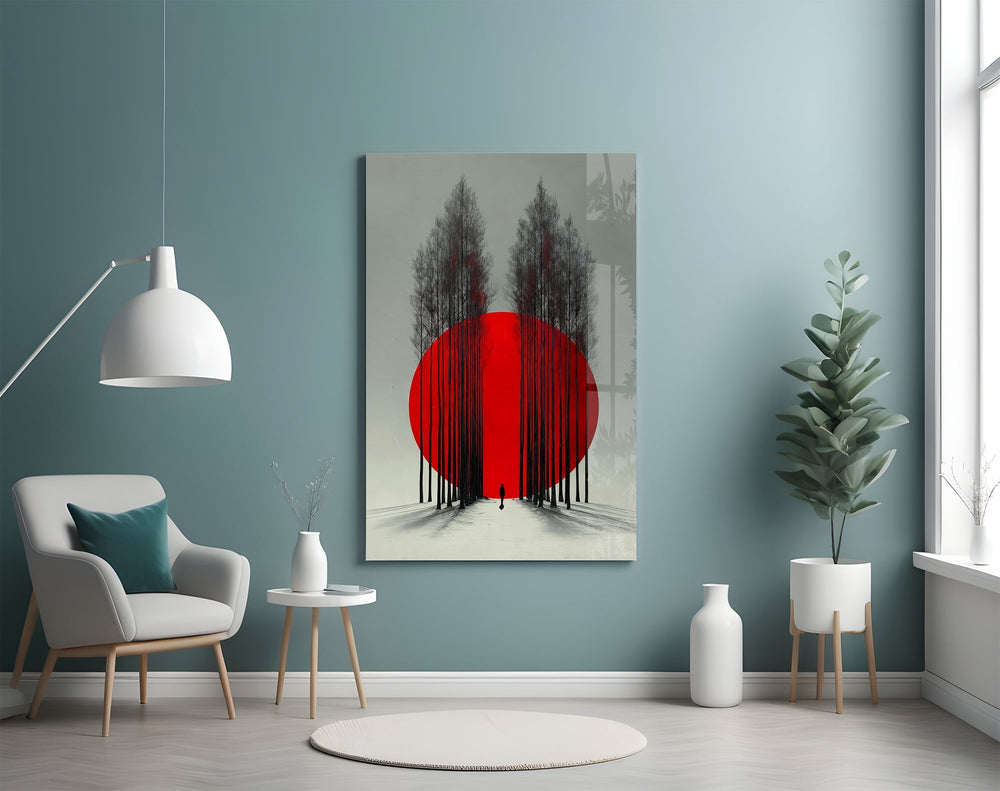 Crimson Sun Behind Bare Poplars Glass Wall Art