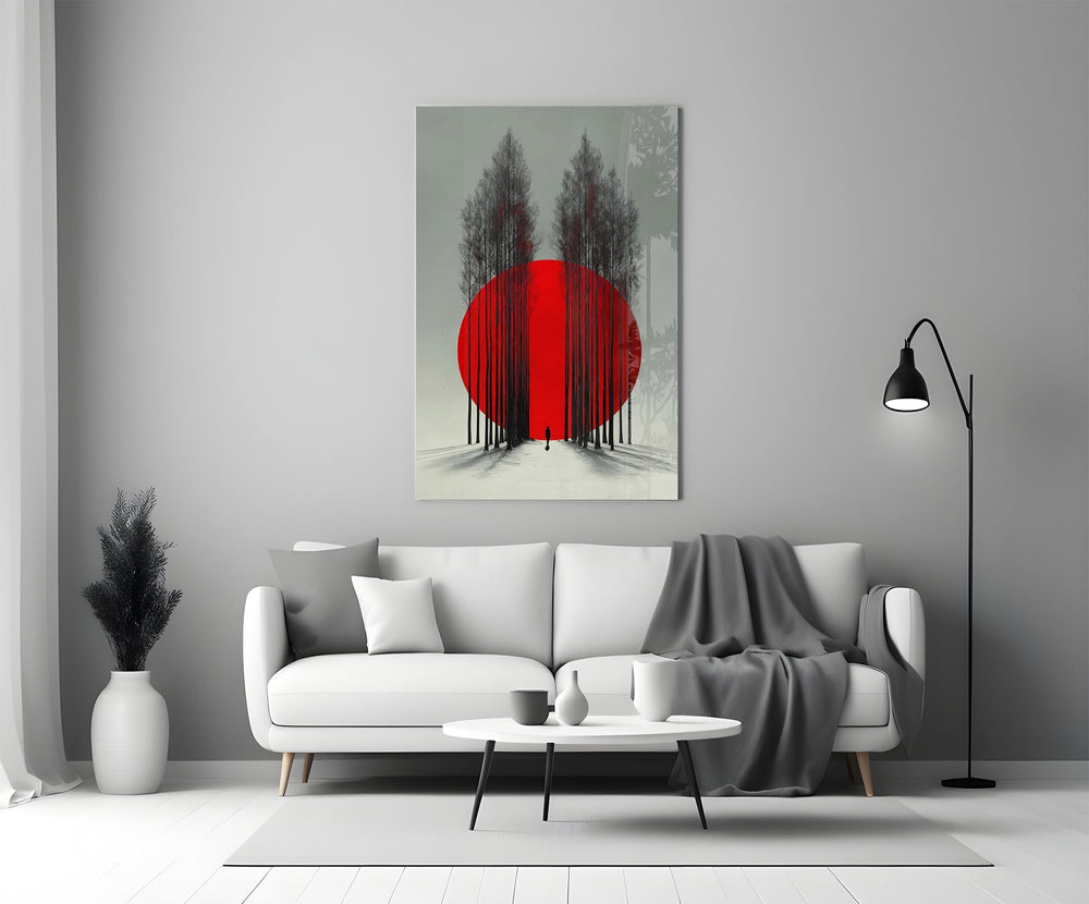 Crimson Sun Behind Bare Poplars Glass Wall Art