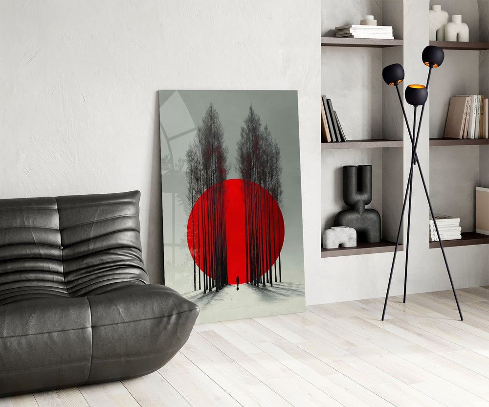 Crimson Sun Behind Bare Poplars Glass Wall Art