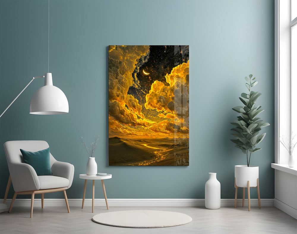 Golden Cloud Crescent Moon Desert Glass Wall Art