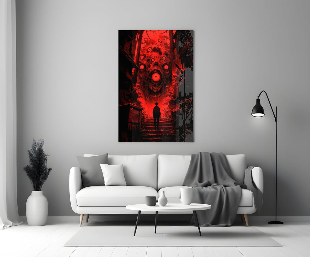 Crimson Many-Eyed Monster Alley Glass Wall Art