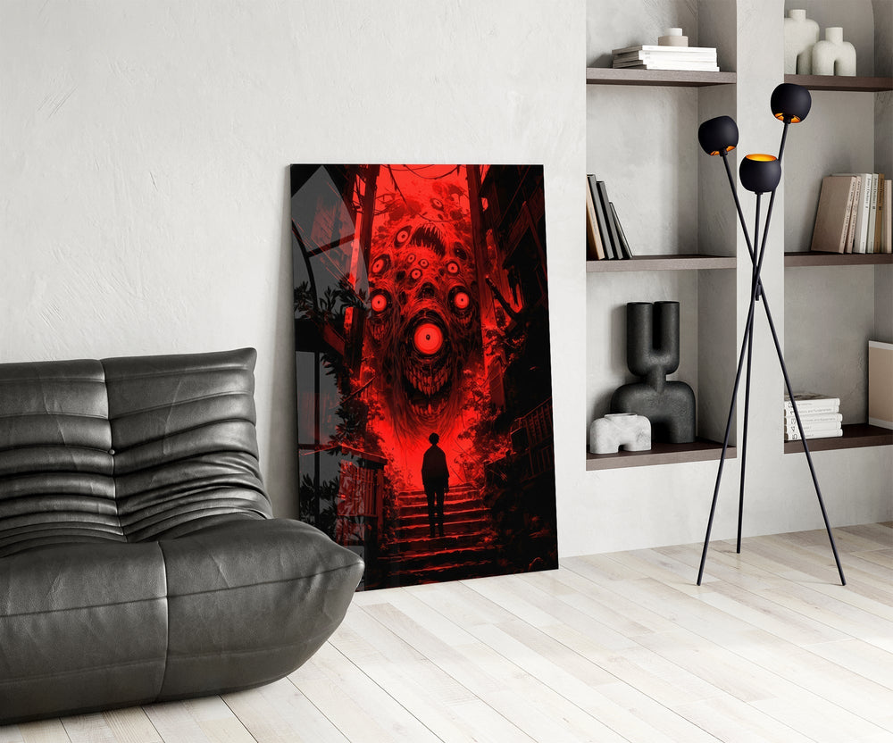 Crimson Many-Eyed Monster Alley Glass Wall Art