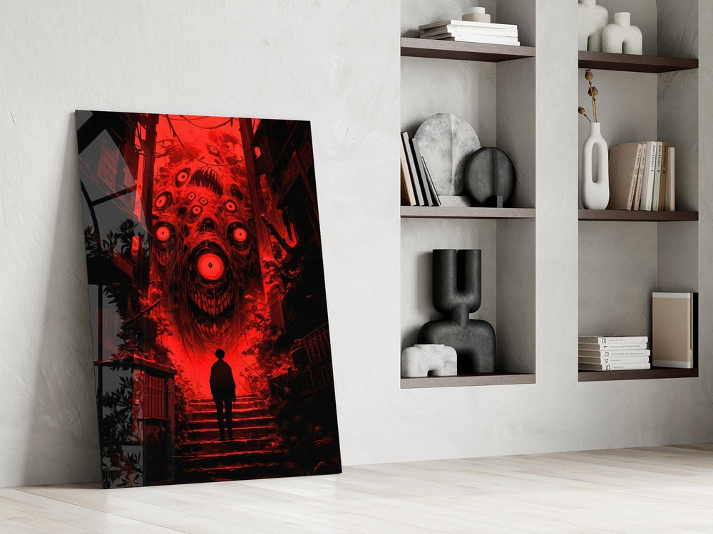 Crimson Many-Eyed Monster Alley Glass Wall Art