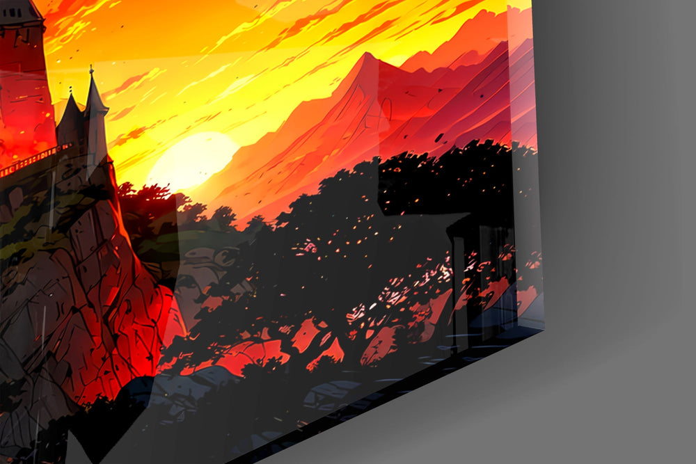 Gothic Castle Crimson Sunset Glass Wall Art