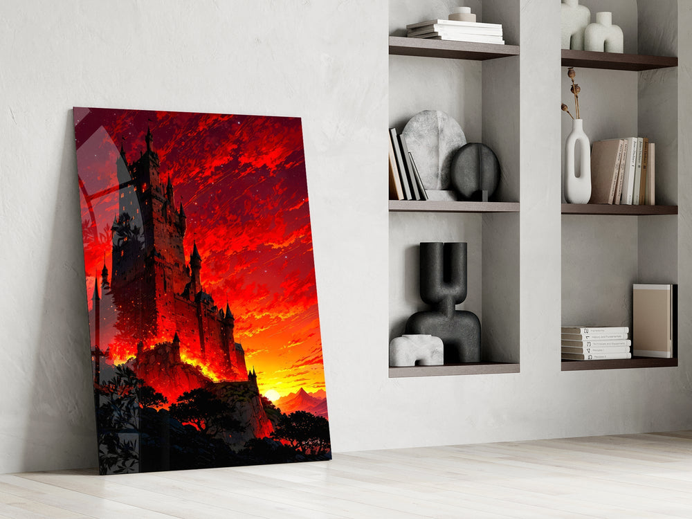 Gothic Castle Crimson Sunset Glass Wall Art