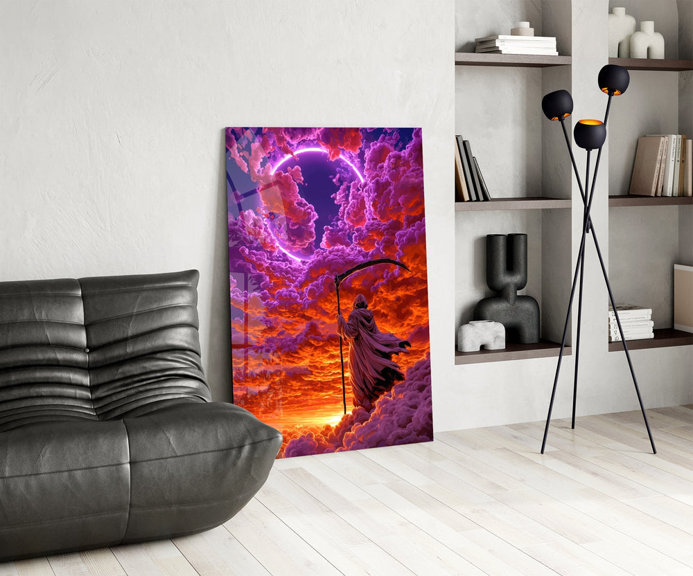 Neon Ring Hooded Reaper in Clouds Glass Wall Art