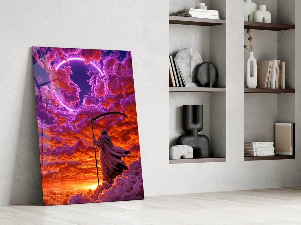 Neon Ring Hooded Reaper in Clouds Glass Wall Art