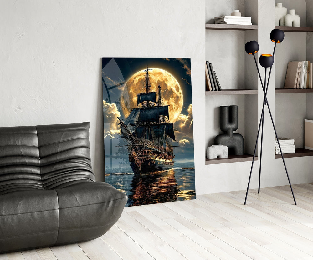 Galleon and Full Moon Seascape Glass Wall Art