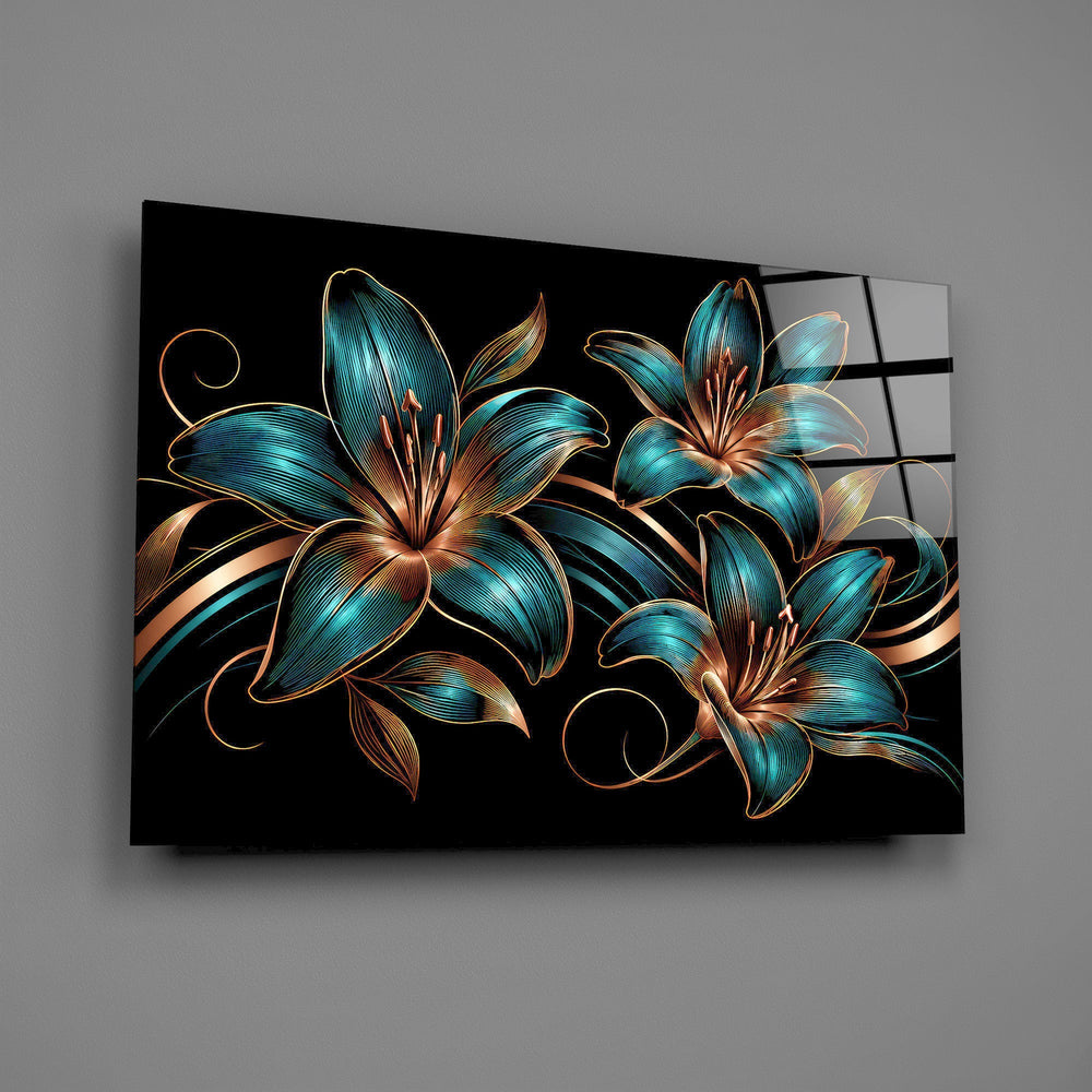 Teal and Copper Lily Trio Glass Wall Art