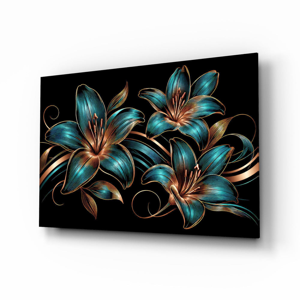 Teal and Copper Lily Trio Glass Wall Art