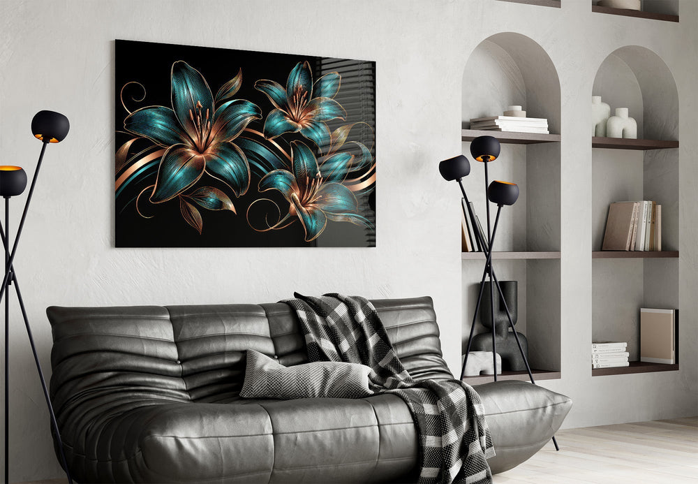 Teal and Copper Lily Trio Glass Wall Art