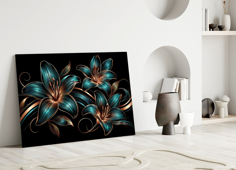Teal and Copper Lily Trio Glass Wall Art