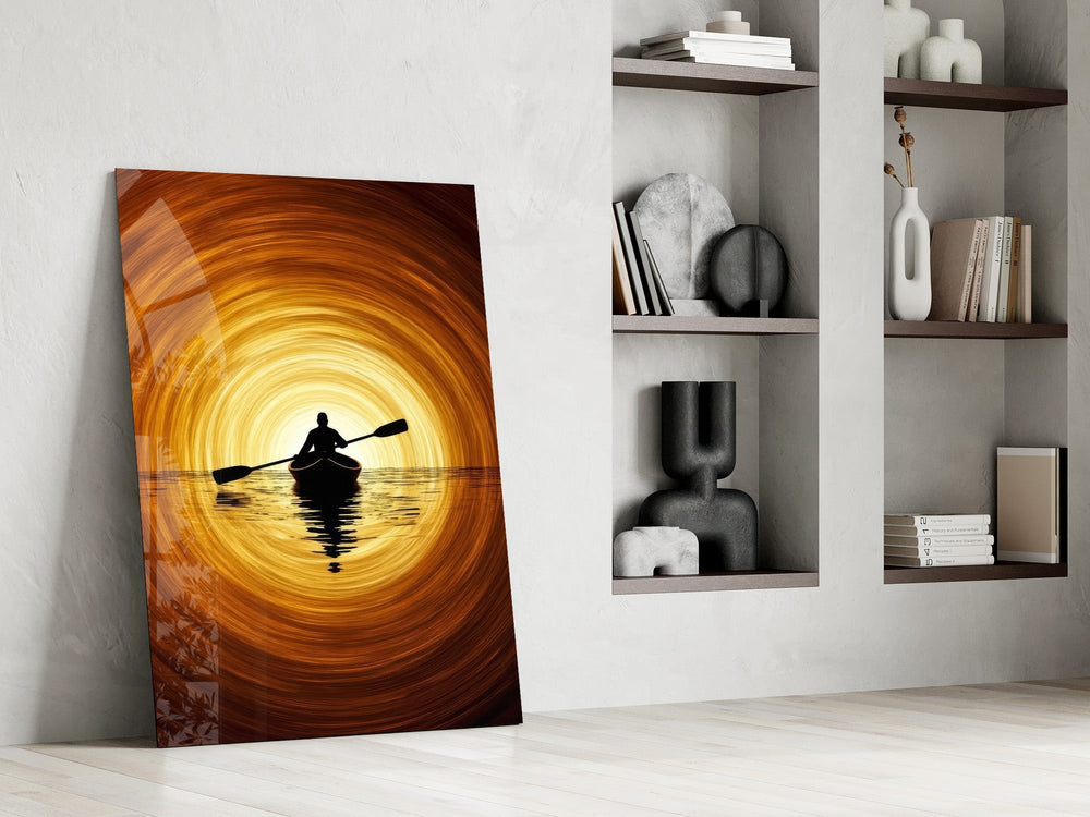 Golden Sunset Kayaker Silhouette Glass Wall Art