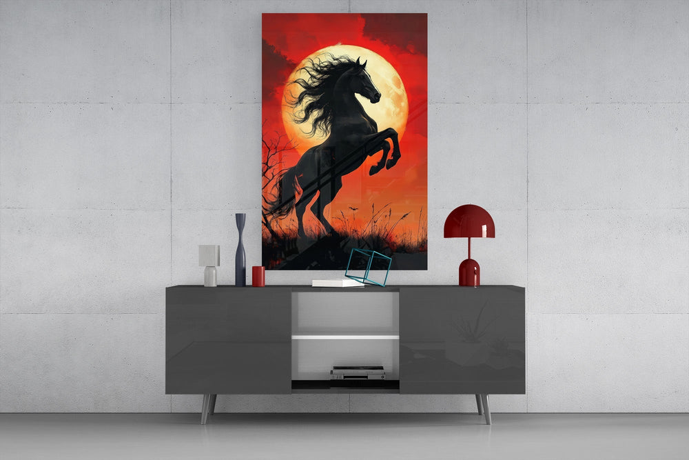 Rearing Black Horse Red Moon Glass Wall Art
