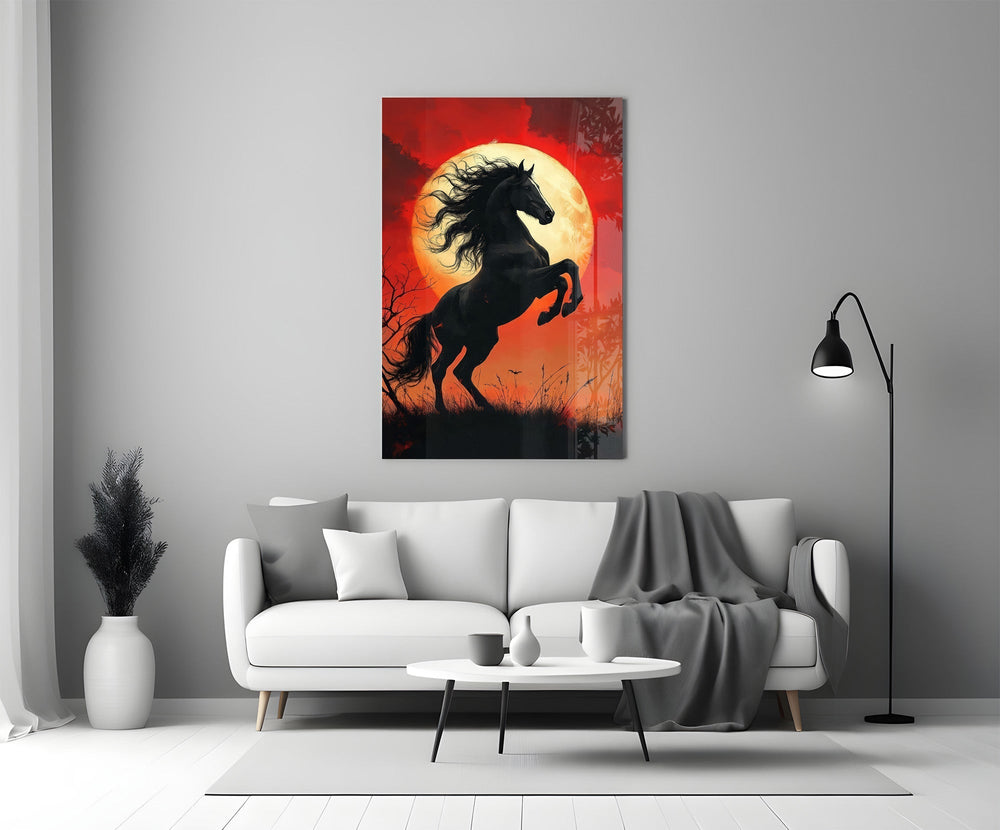 Rearing Black Horse Red Moon Glass Wall Art