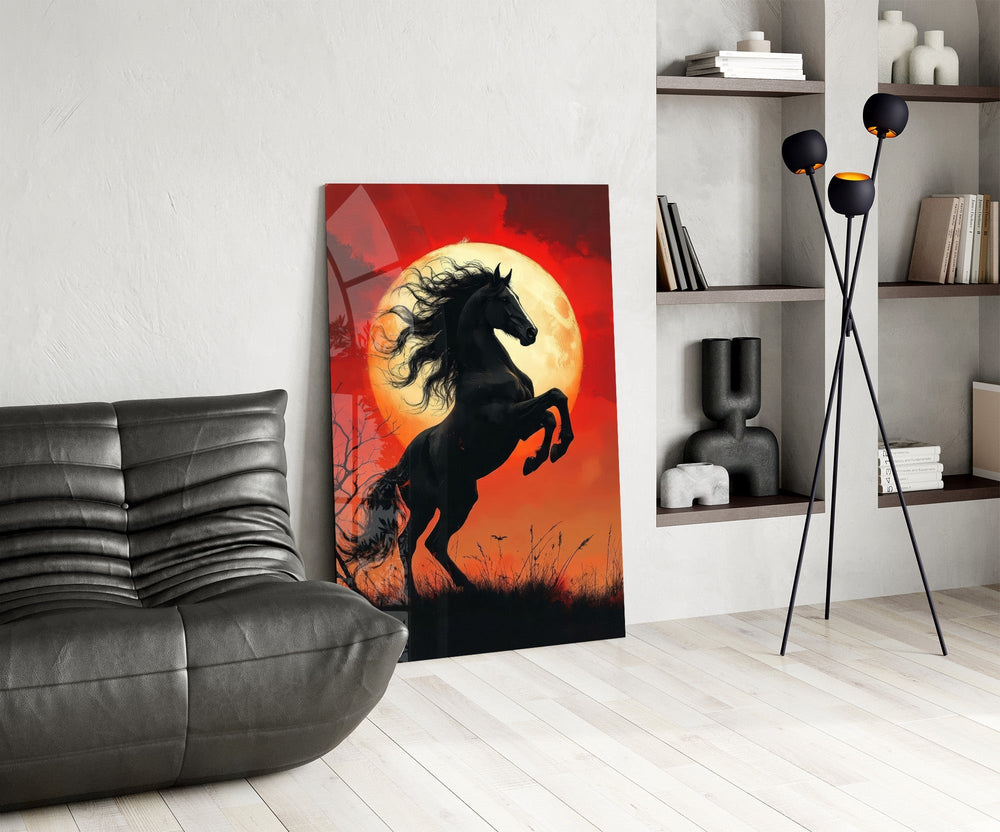 Rearing Black Horse Red Moon Glass Wall Art
