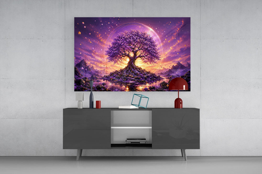 Purple Tree of Life Glowing Sunset Glass Wall Art