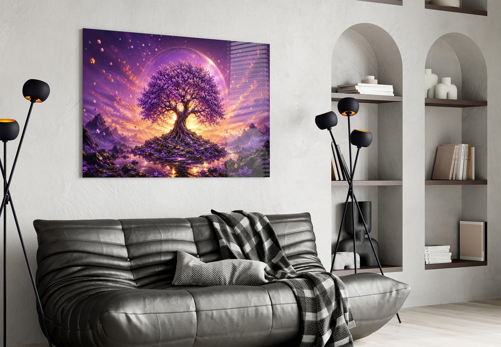 Purple Tree of Life Glowing Sunset Glass Wall Art