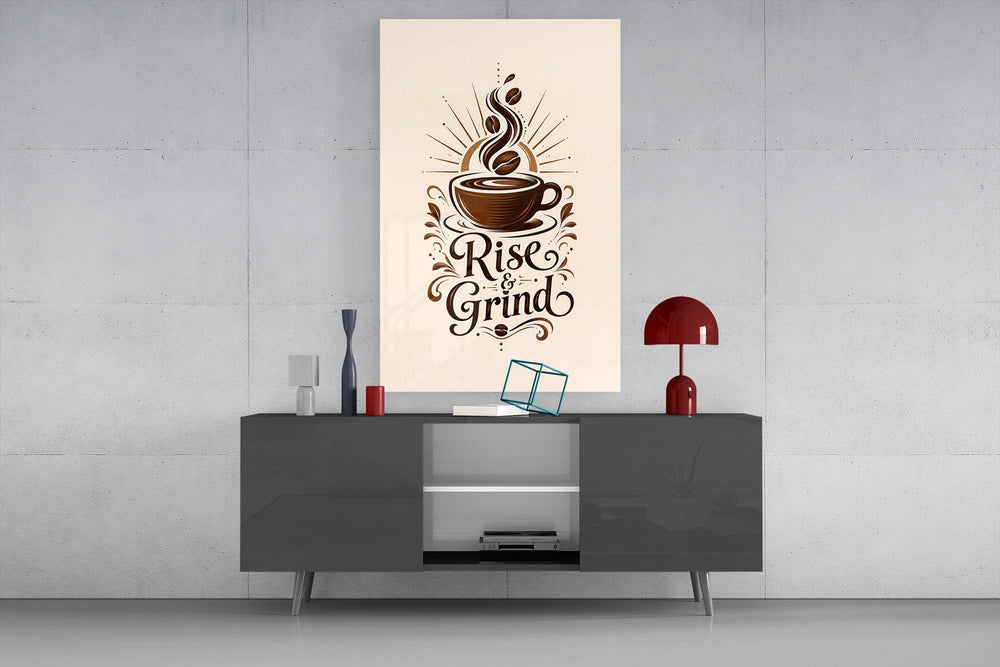 Steaming Coffee Cup Sunburst Typography Glass Wall Art