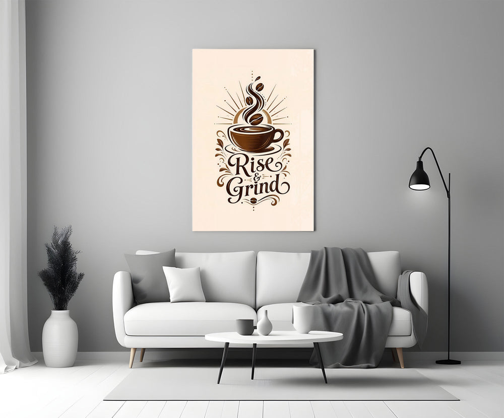 Steaming Coffee Cup Sunburst Typography Glass Wall Art