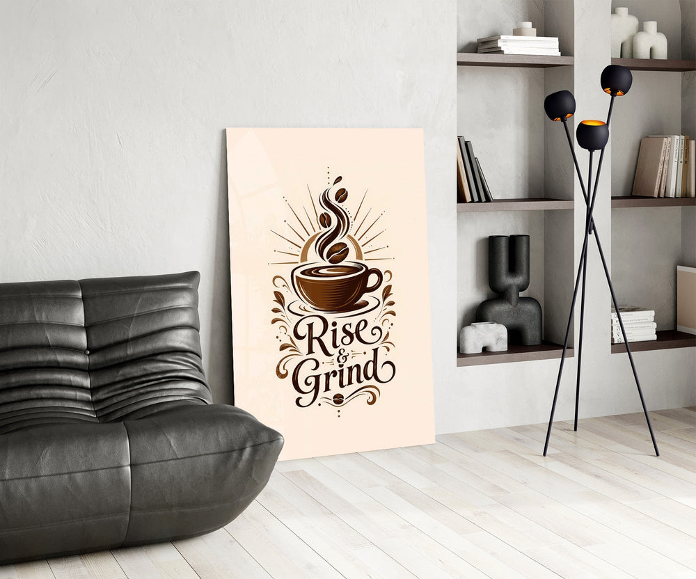 Steaming Coffee Cup Sunburst Typography Glass Wall Art