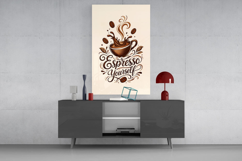 Splashing Espresso Cup Typography Glass Wall Art