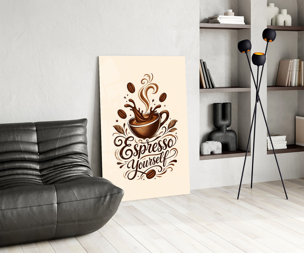 Splashing Espresso Cup Typography Glass Wall Art
