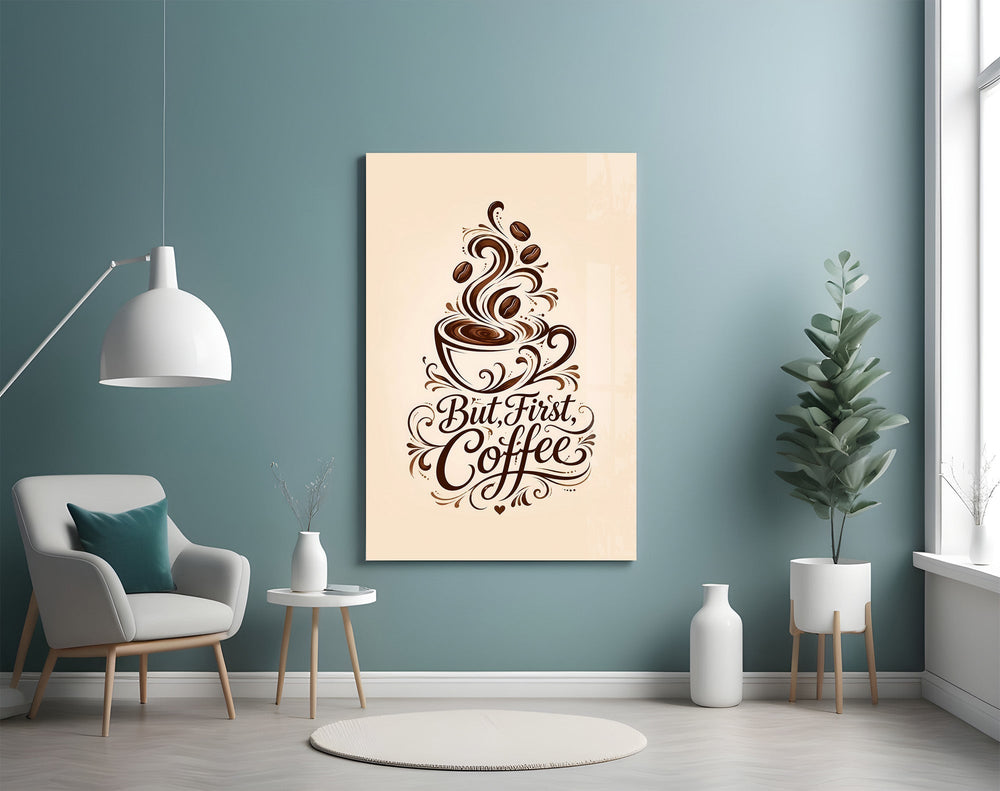 Brown Script Coffee Cup Typography Glass Wall Art
