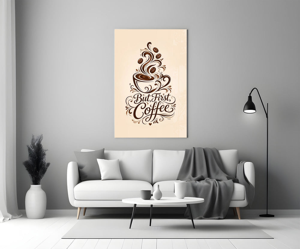 Brown Script Coffee Cup Typography Glass Wall Art