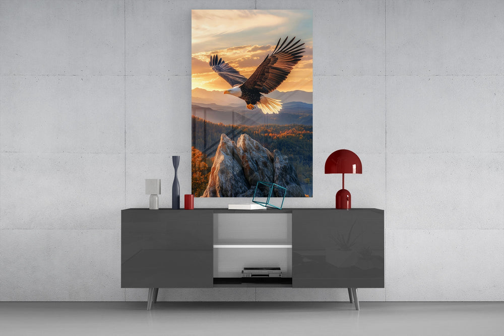 Soaring Bald Eagle Autumn Sunset Glass Wall Art