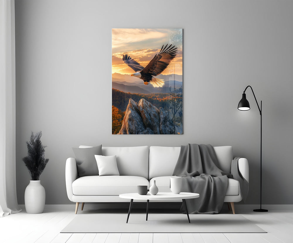 Soaring Bald Eagle Autumn Sunset Glass Wall Art